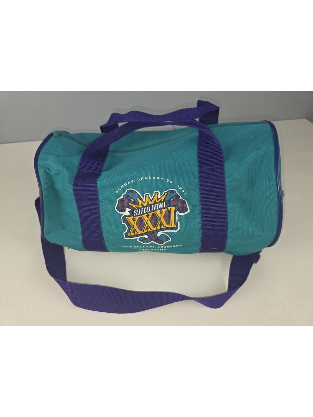VTG 1997 Super Bowl XXXI New Orleans Sprint Mini Duffel Bag Teal Purple NFL Gym